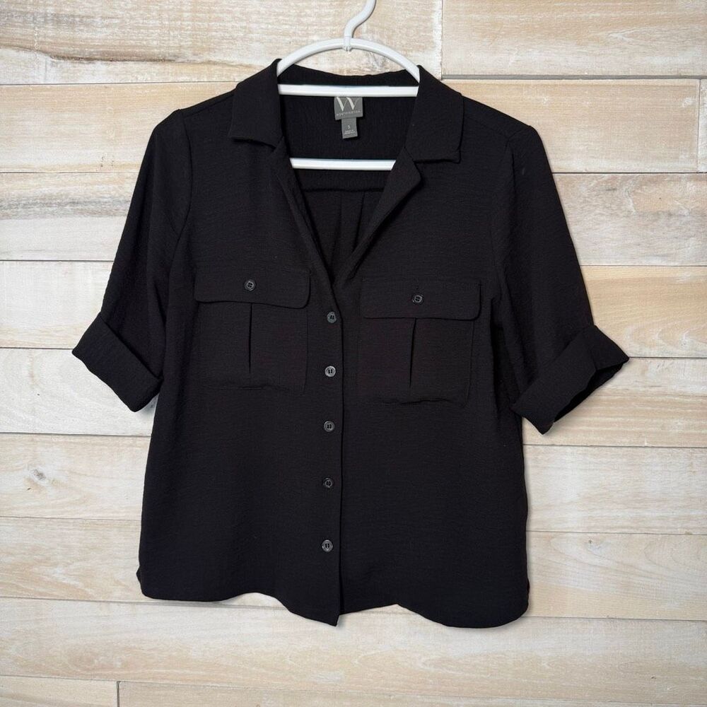 Worthington Black Utility Button Up Cuff Sleeve Blouse Size S